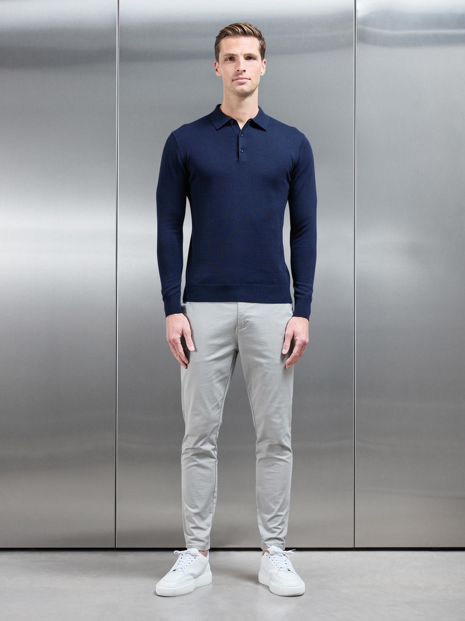 Cotton Knitted Long Sleeve Button Polo Shirt in Navy