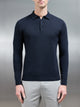 Cotton Knitted Long Sleeve Button Polo Shirt in Navy