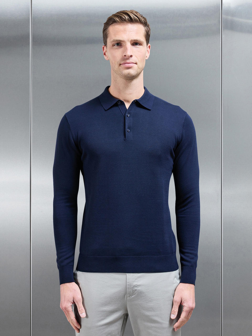 Cotton Knitted Long Sleeve Button Polo Shirt in Navy