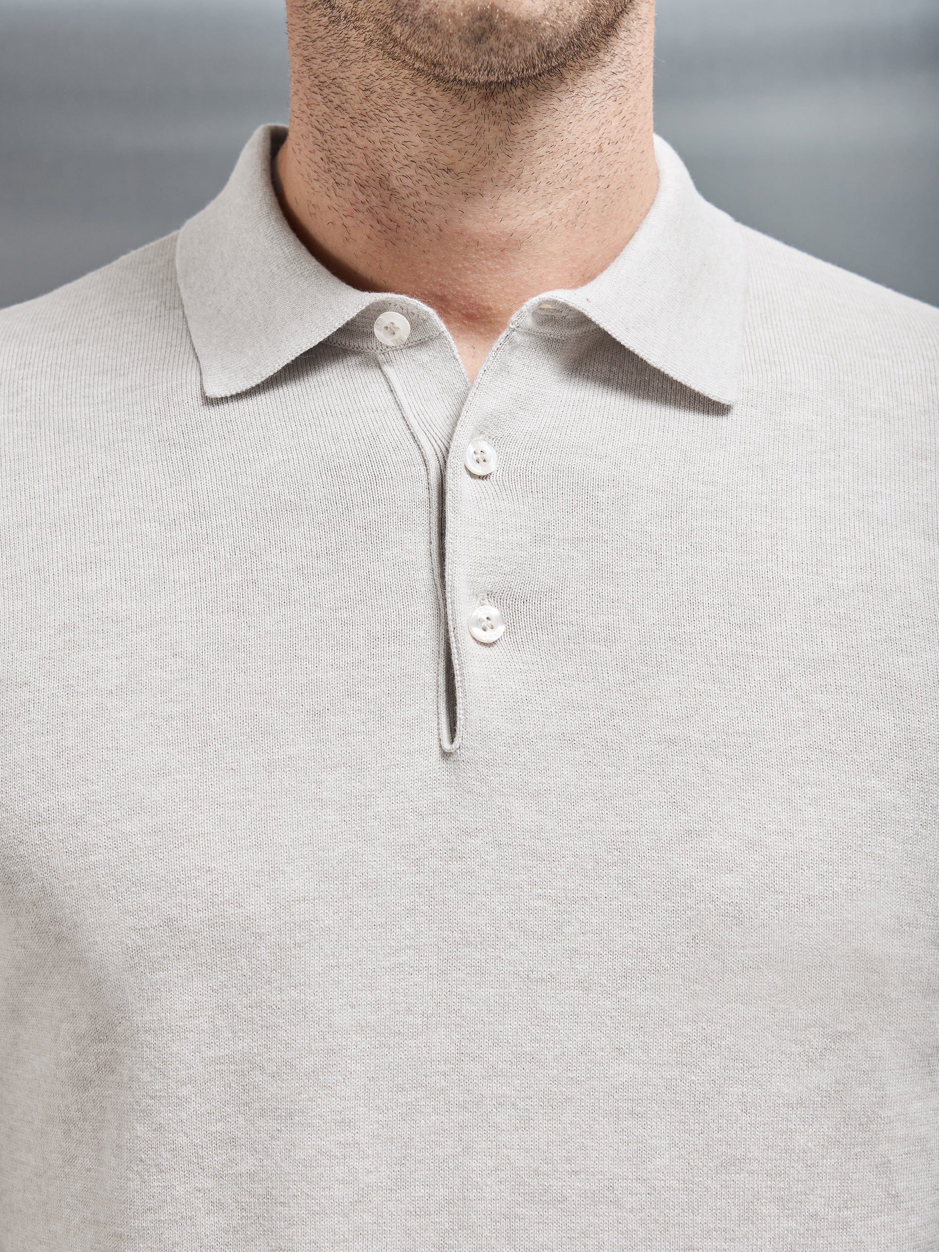 Cotton Knitted Long Sleeve Button Polo Shirt in Oatmeal