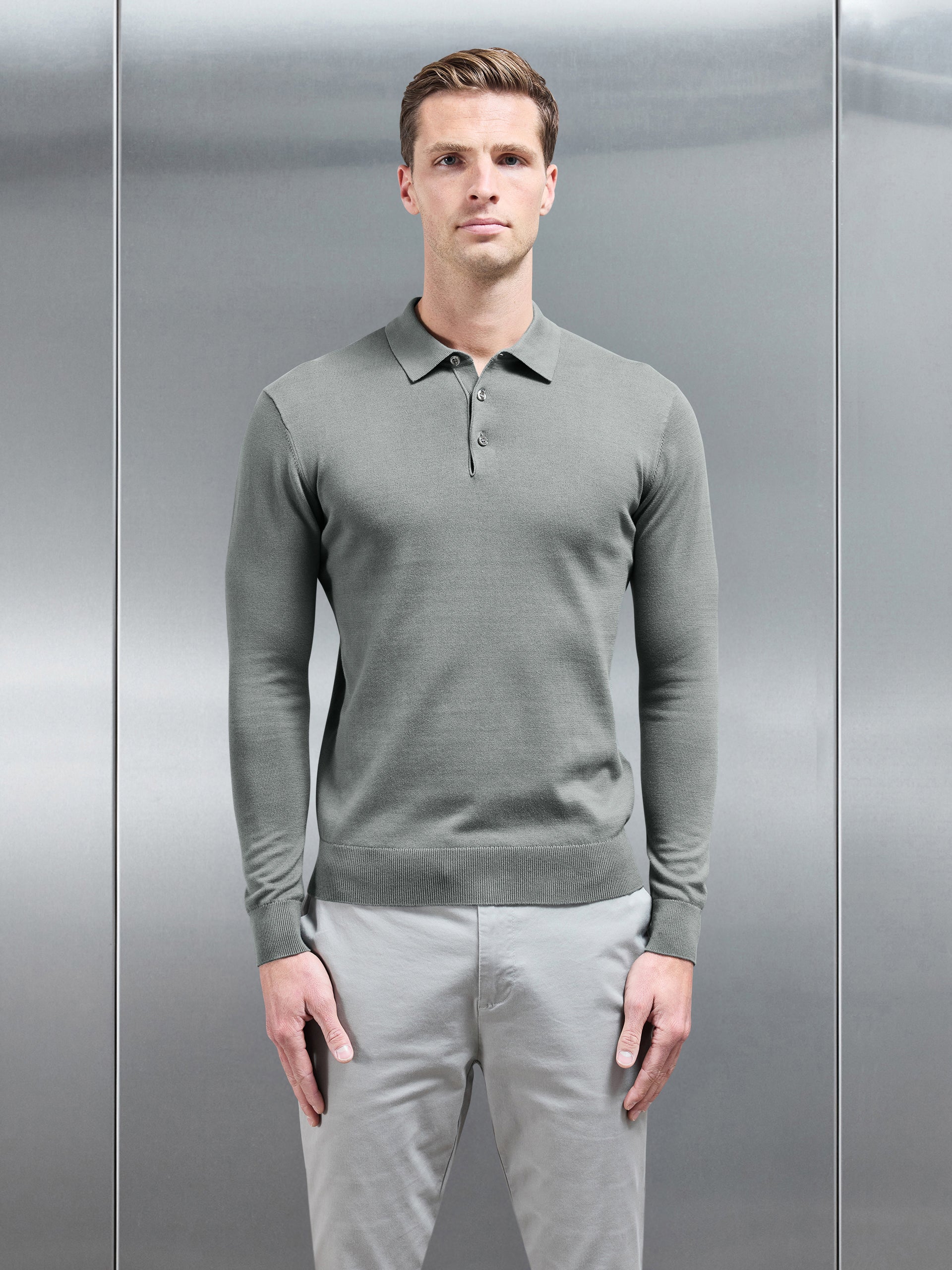 Cotton Knitted Long Sleeve Button Polo Shirt in Sage