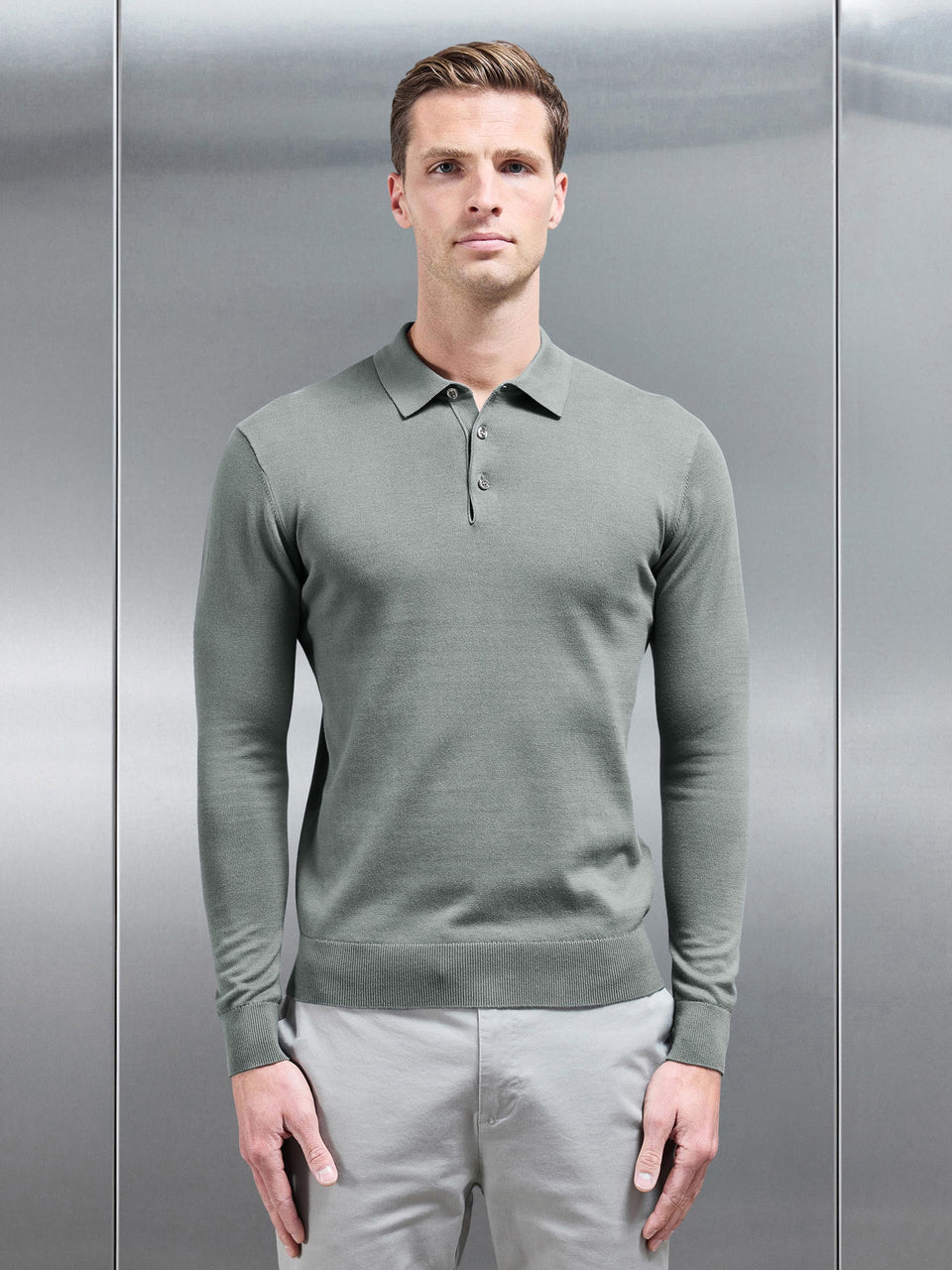 Cotton Knitted Long Sleeve Button Polo Shirt in Sage