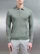 Cotton Knitted Long Sleeve Button Polo Shirt in Sage