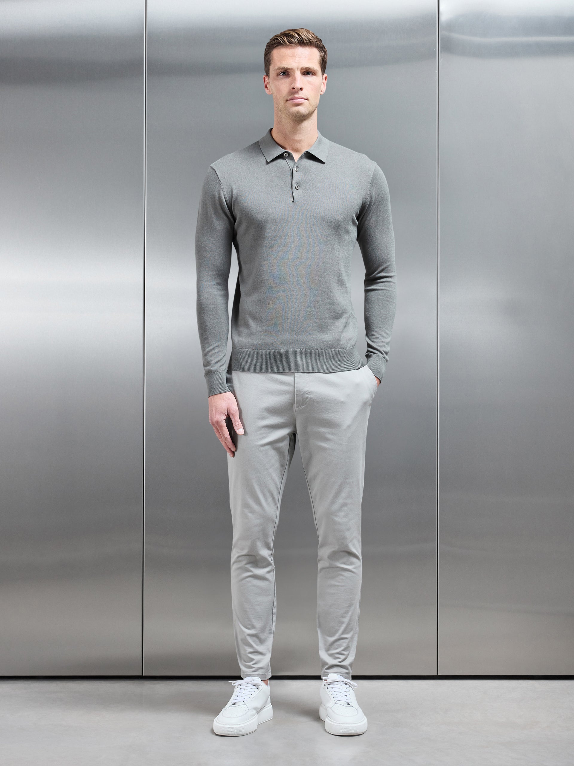 Cotton Knitted Long Sleeve Button Polo Shirt in Sage