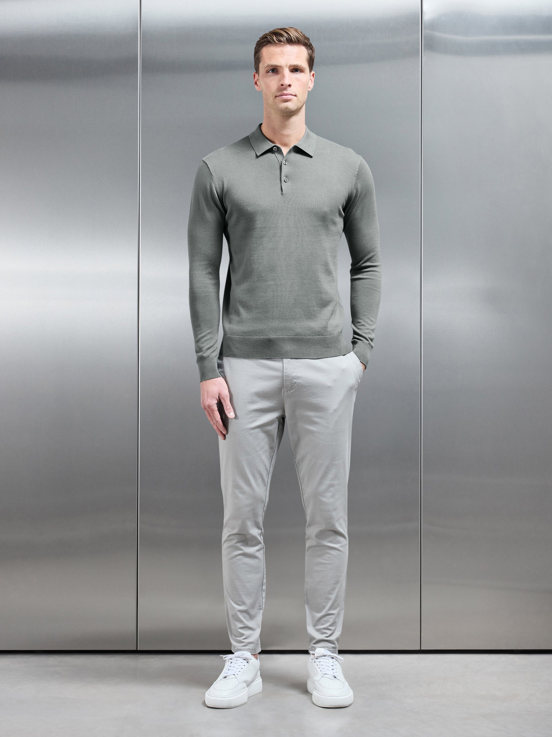 Merino Wool Long Sleeve Button Polo Shirt in Sage