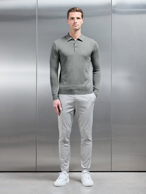 Merino Wool Long Sleeve Button Polo Shirt in Sage