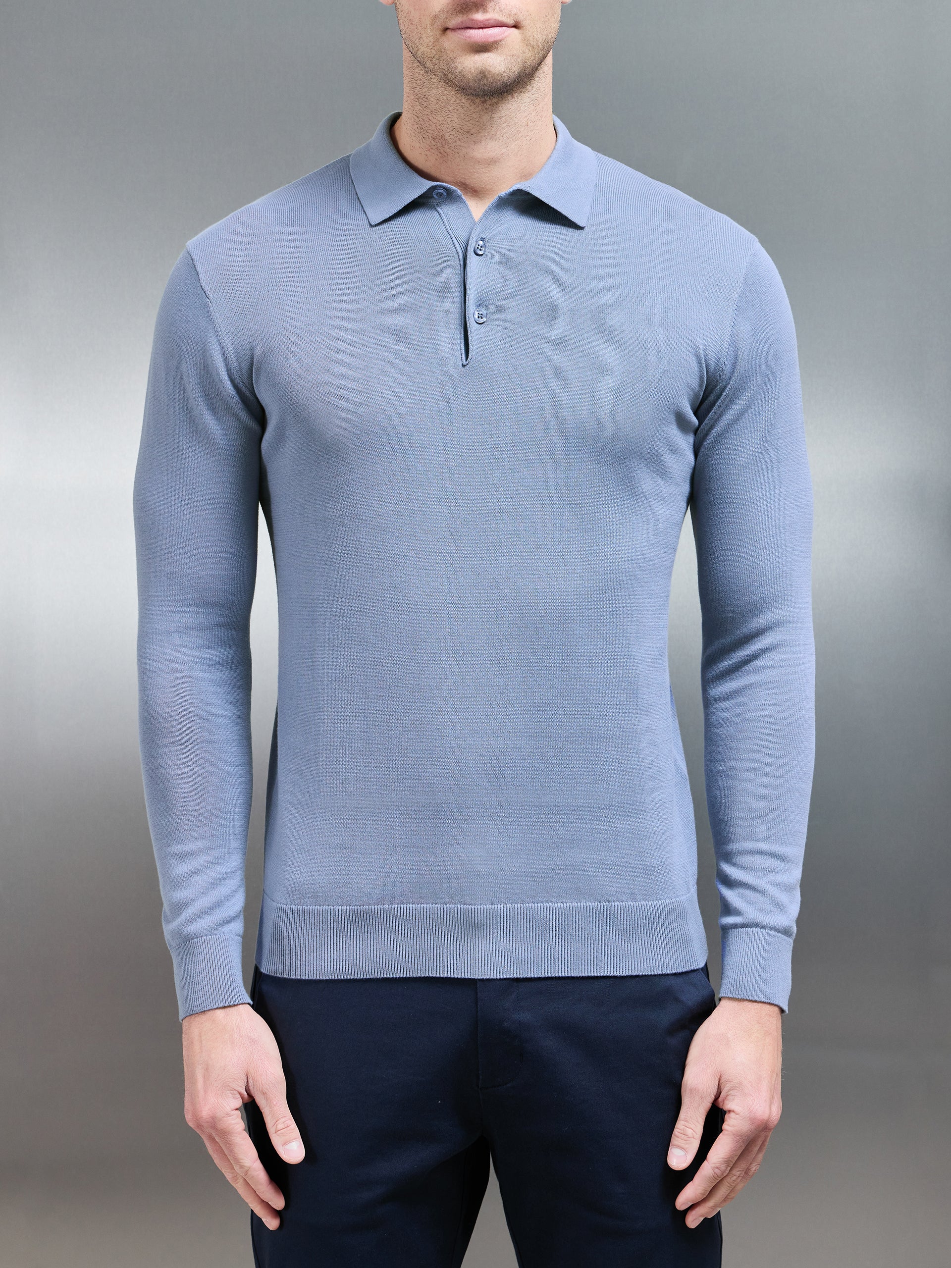 Cotton Knitted Long Sleeve Button Polo Shirt in Silk Blue