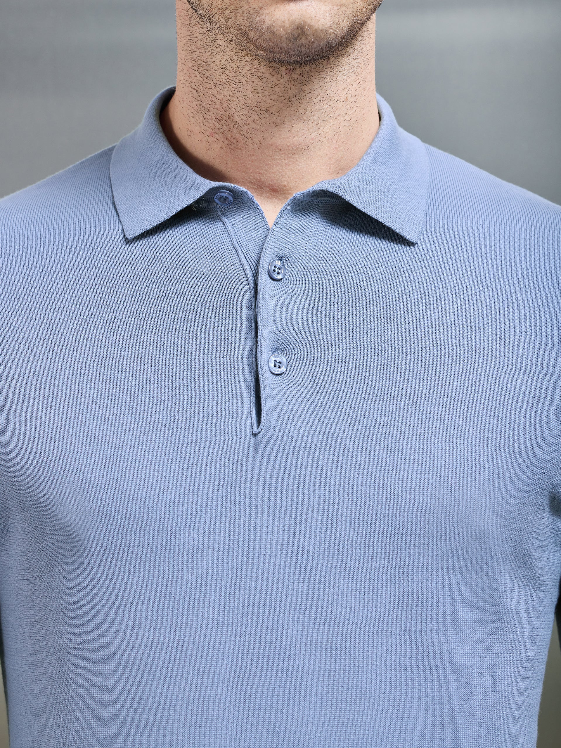 Cotton Knitted Long Sleeve Button Polo Shirt in Silk Blue