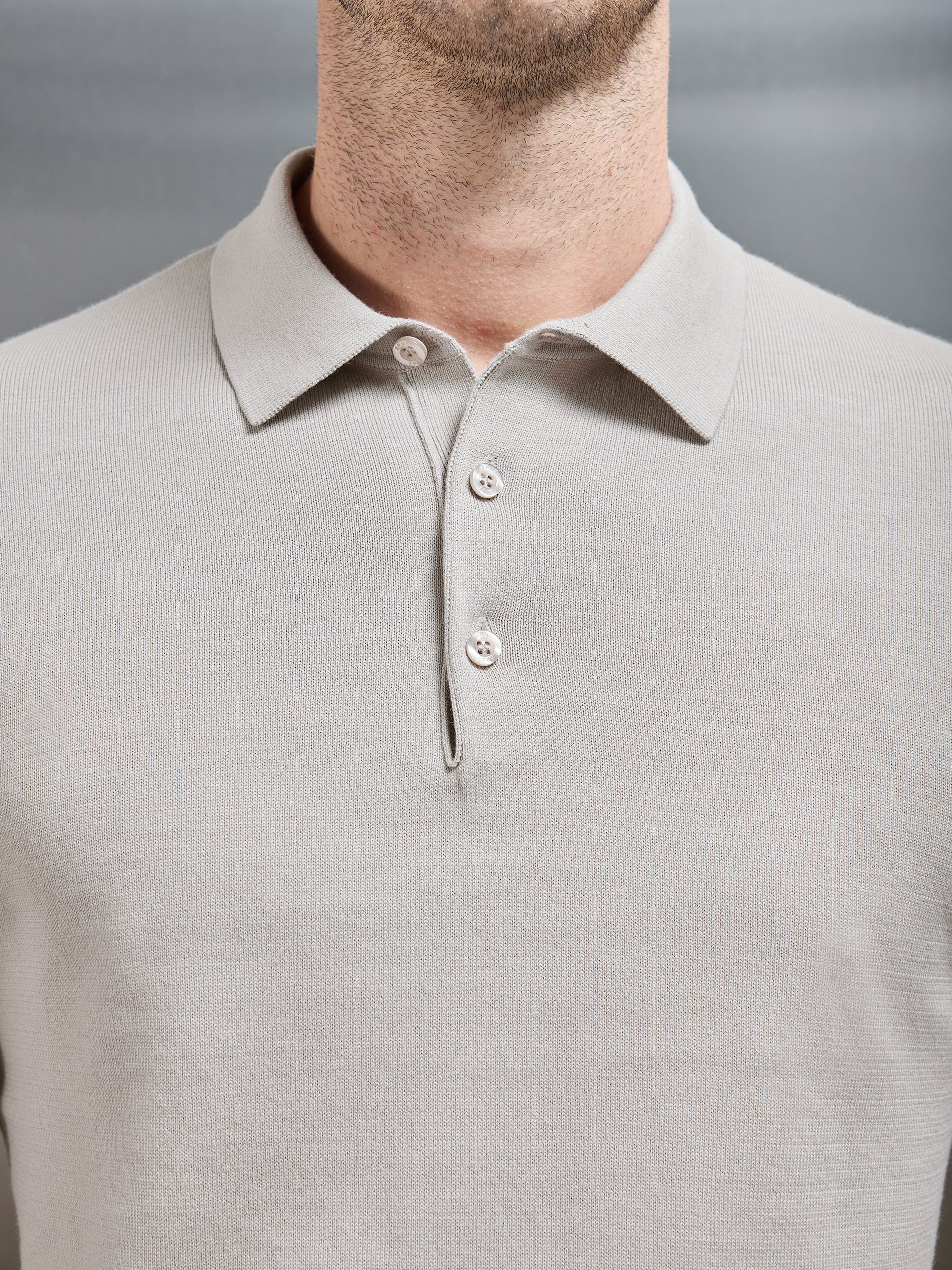 Cotton Knitted Long Sleeve Button Polo Shirt in Stone
