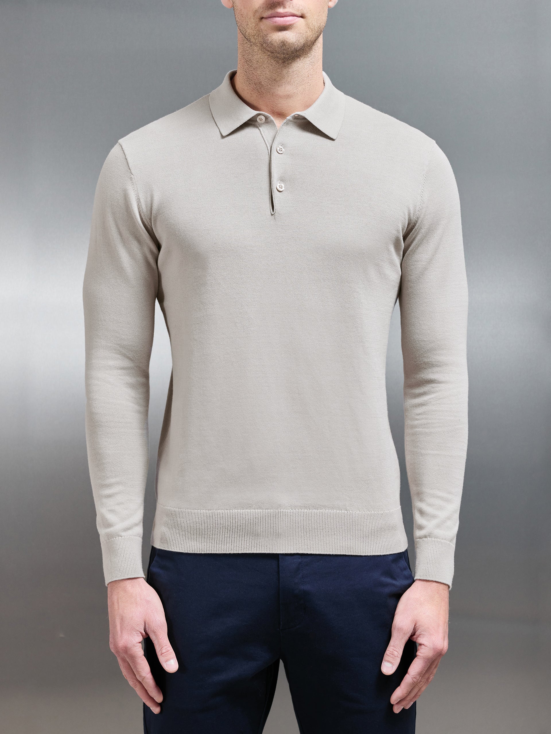 Cotton Knitted Long Sleeve Button Polo Shirt in Stone