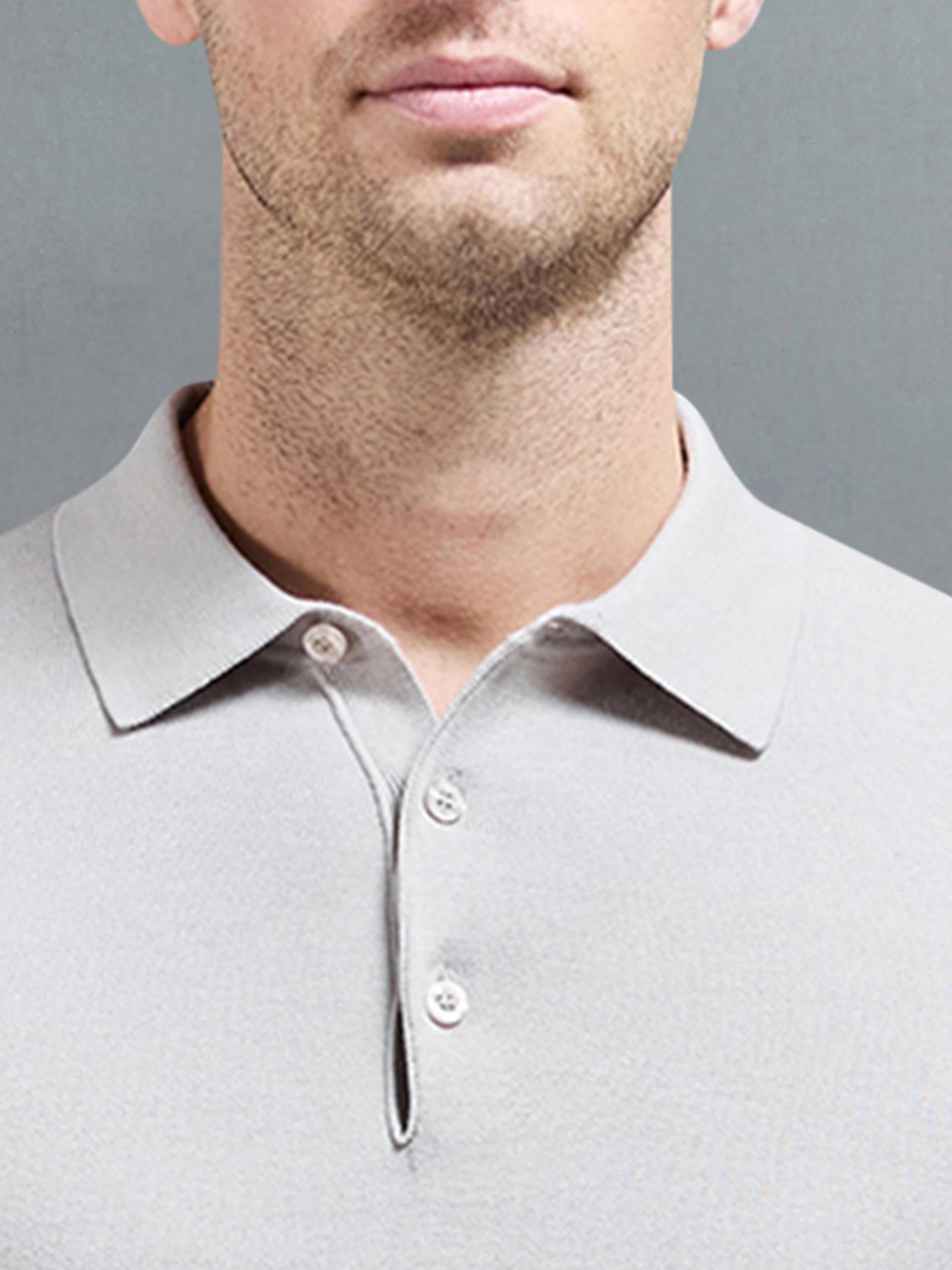 Cotton Knitted Long Sleeve Button Polo Shirt in Stone