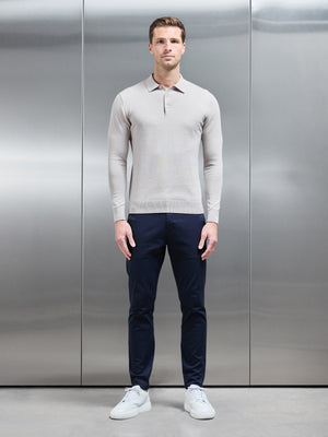 Cotton Knitted Long Sleeve Button Polo Shirt in Stone