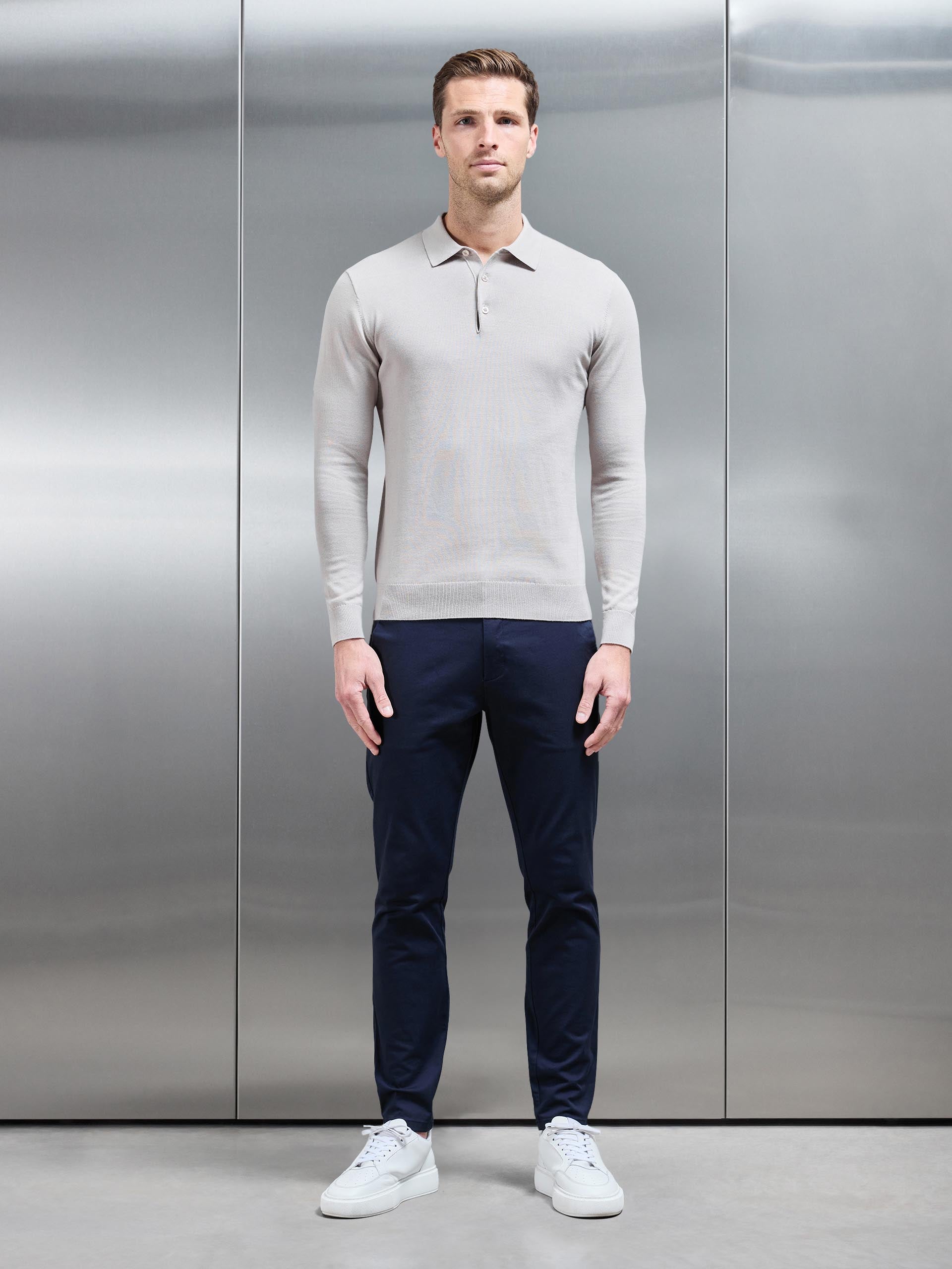 Cotton Knitted Long Sleeve Button Polo Shirt in Stone