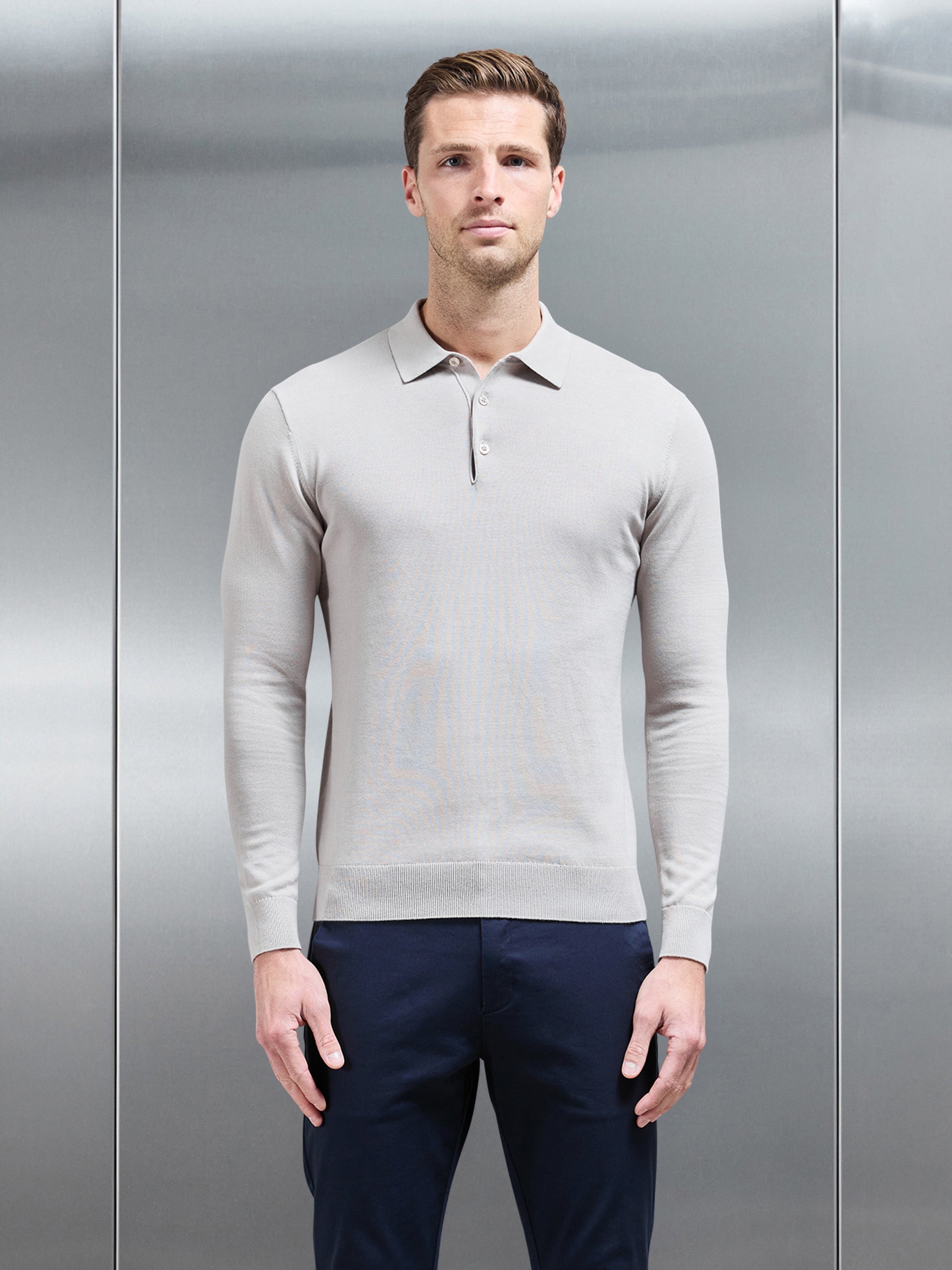 Cotton Knitted Long Sleeve Button Polo Shirt in Stone