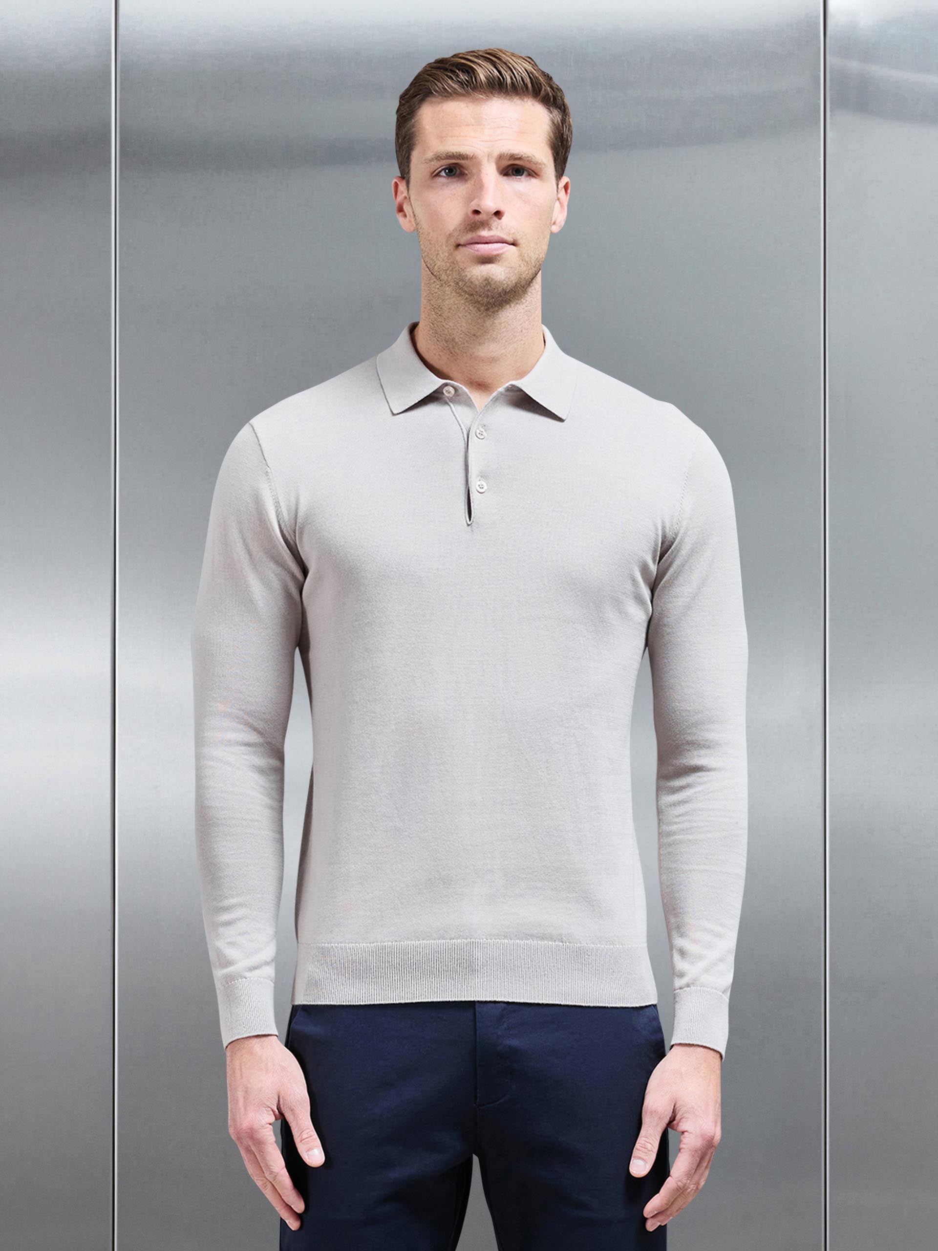 Cotton Knitted Long Sleeve Button Polo Shirt in Stone