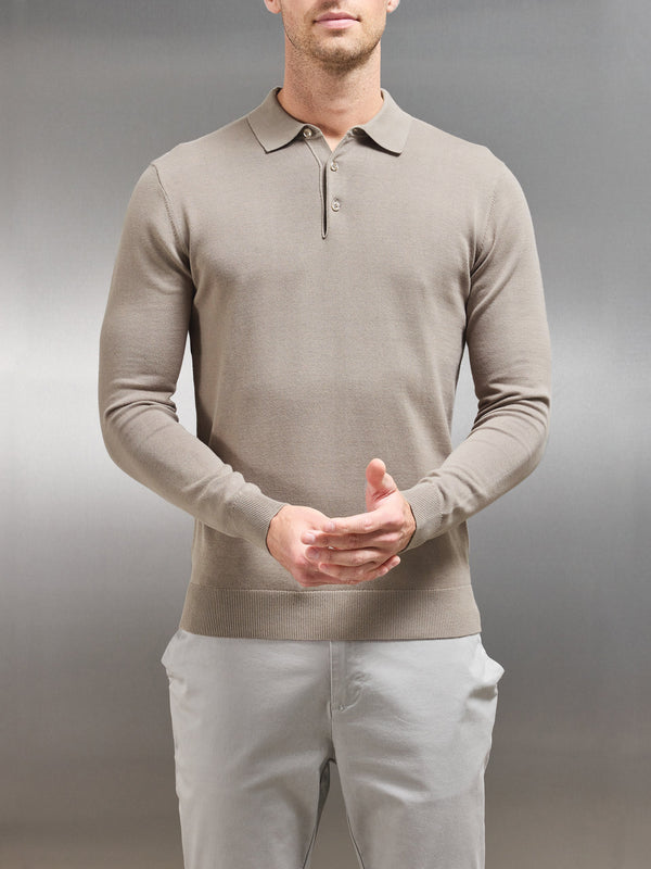 Cotton Knitted Long Sleeve Button Polo Shirt in Taupe