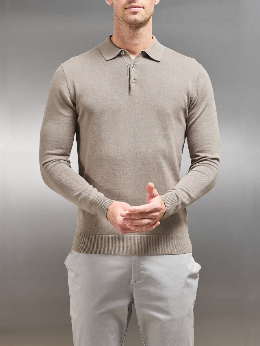 Cotton Knitted Long Sleeve Button Polo Shirt in Taupe