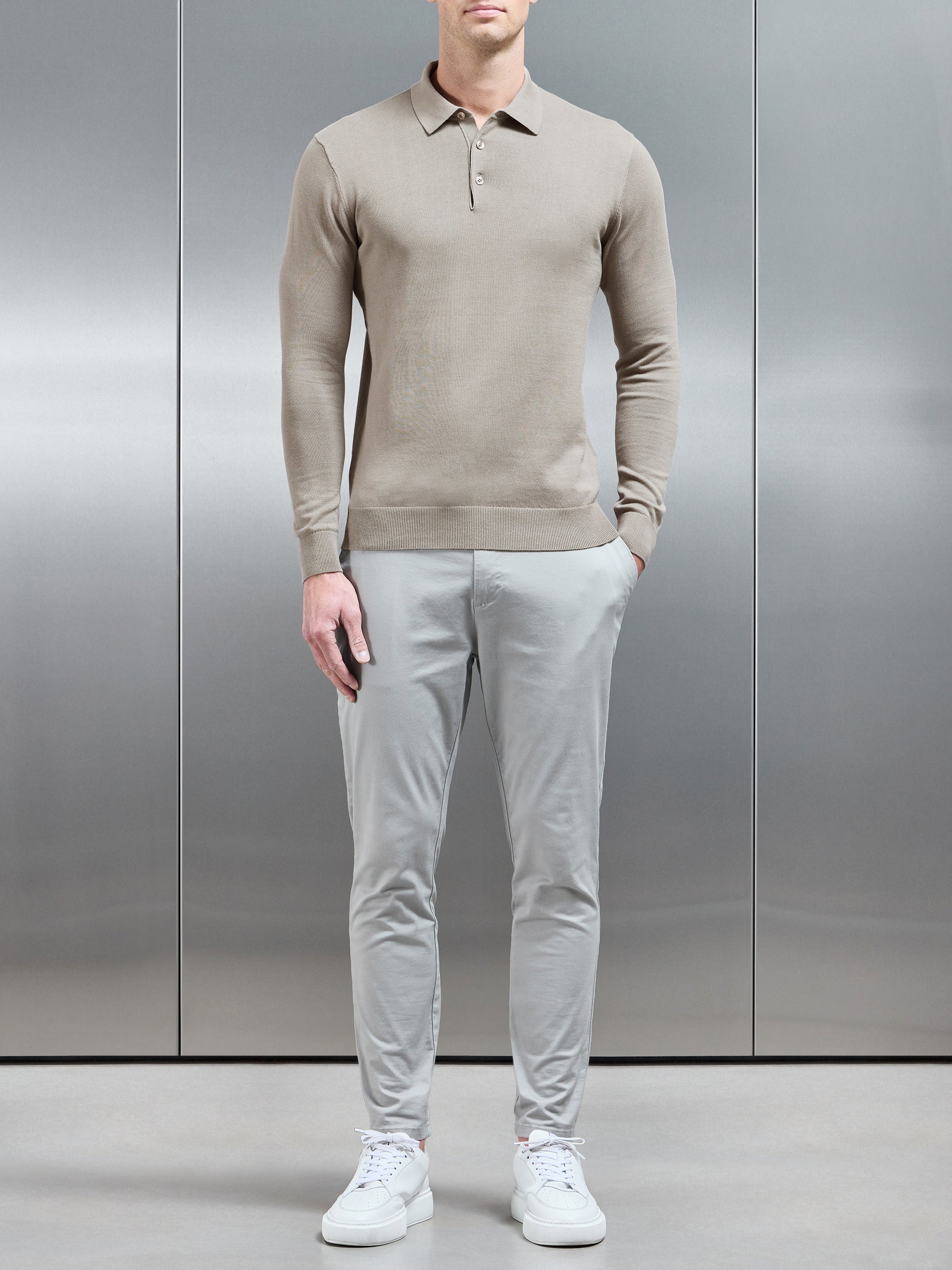 Cotton Knitted Long Sleeve Button Polo Shirt in Taupe