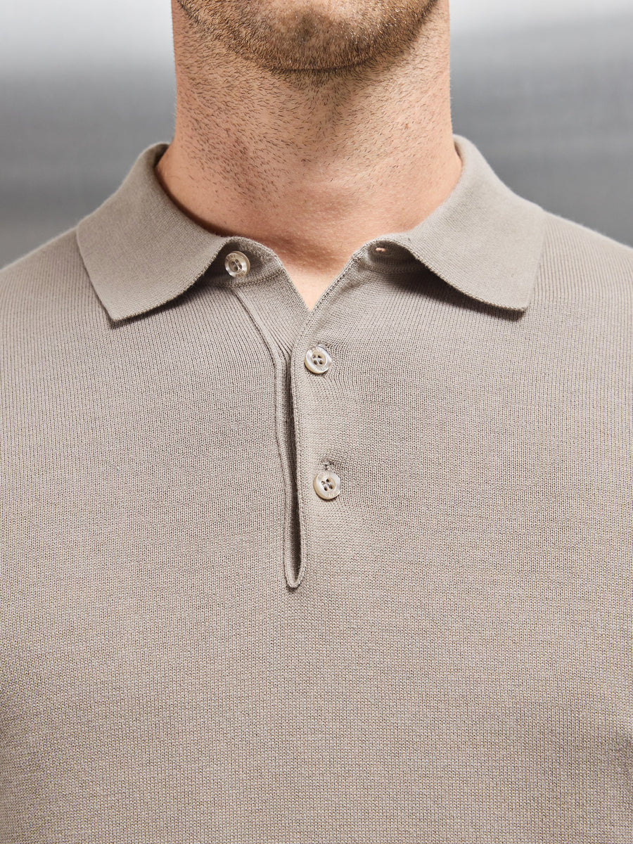 Cotton Knitted Long Sleeve Button Polo Shirt in Taupe