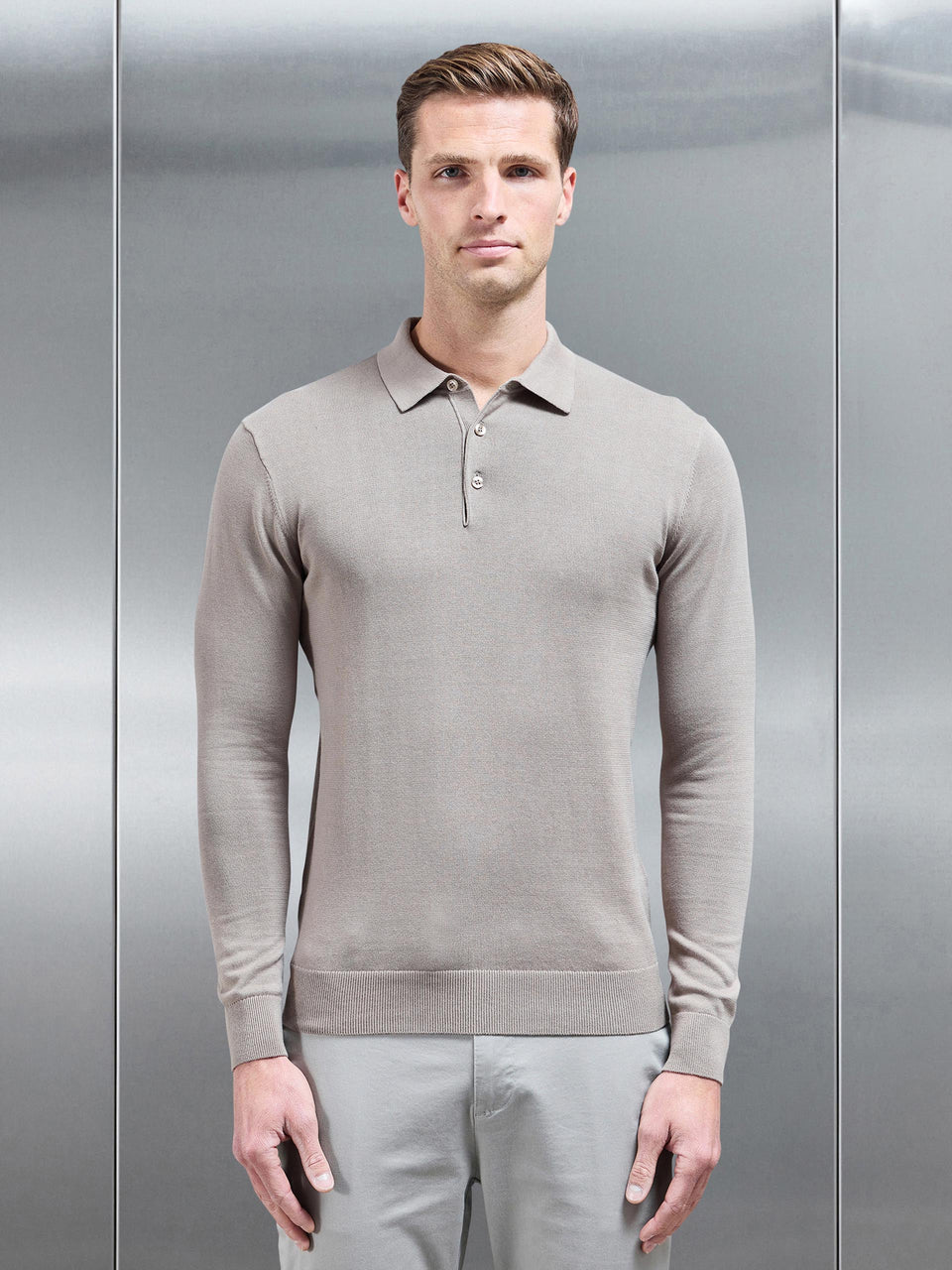 Cotton Knitted Long Sleeve Button Polo Shirt in Taupe