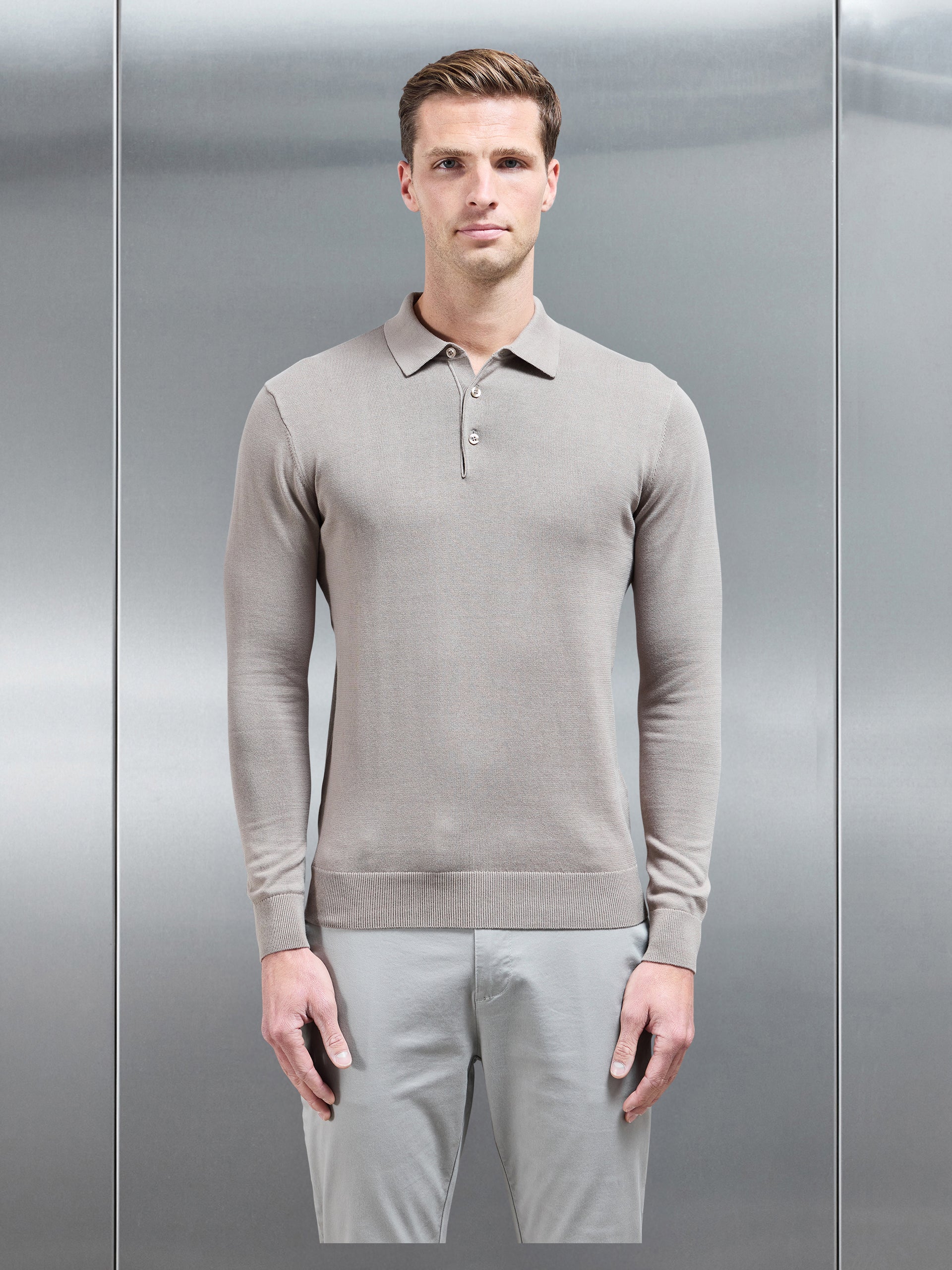 Cotton Knitted Long Sleeve Button Polo Shirt in Taupe
