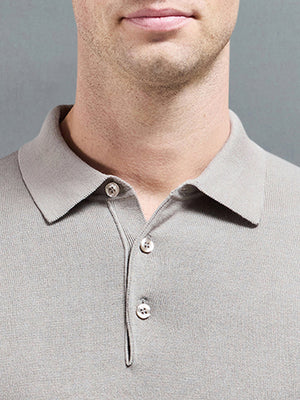 Cotton Knitted Long Sleeve Button Polo Shirt in Taupe