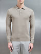 Cotton Knitted Long Sleeve Button Polo Shirt in Taupe