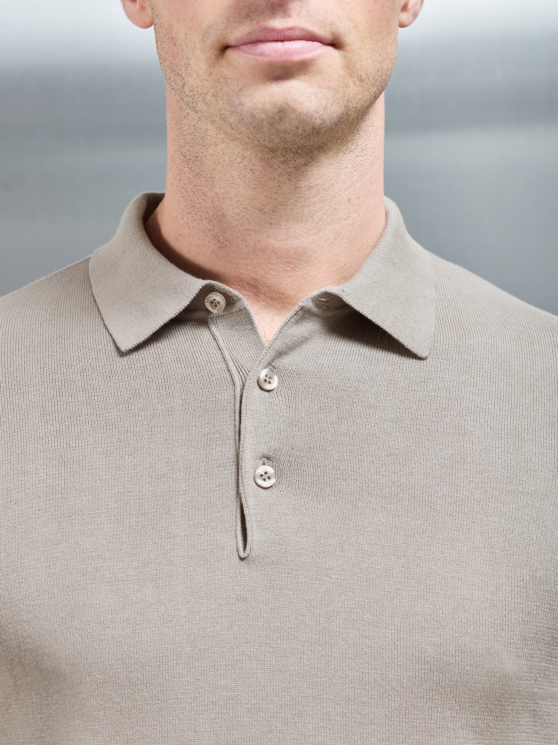 Cotton Knitted Long Sleeve Button Polo Shirt in Taupe