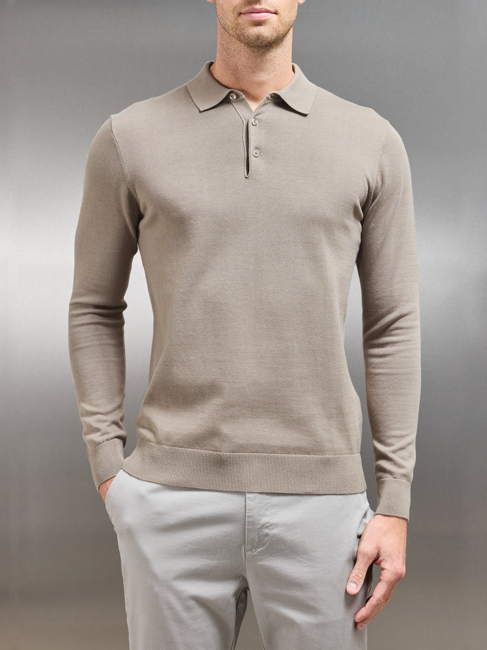 Cotton Knitted Long Sleeve Button Polo Shirt in Taupe