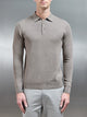 Cotton Knitted Long Sleeve Button Polo Shirt in Taupe Marl