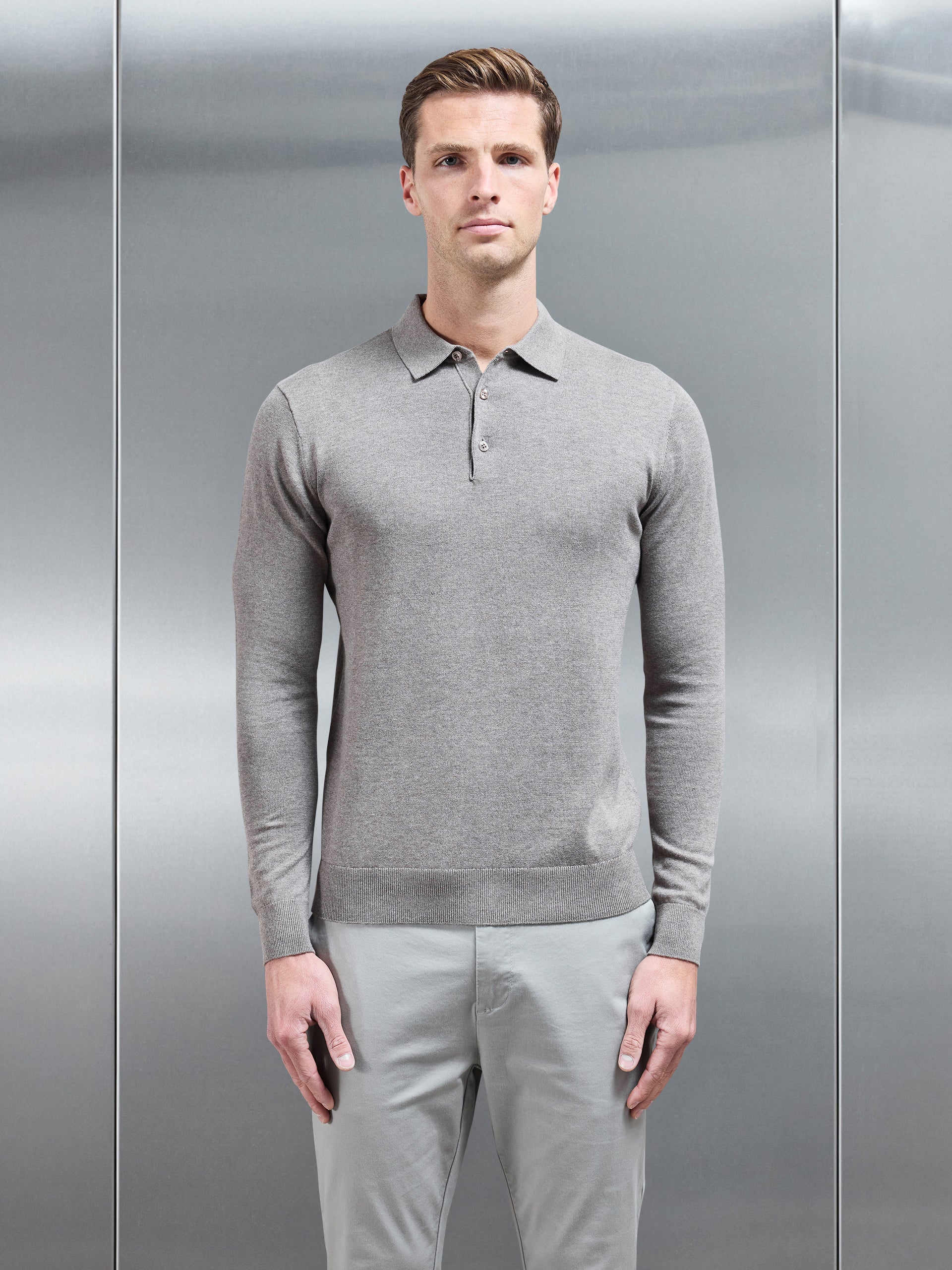 Cotton Knitted Long Sleeve Button Polo Shirt in Taupe Marl