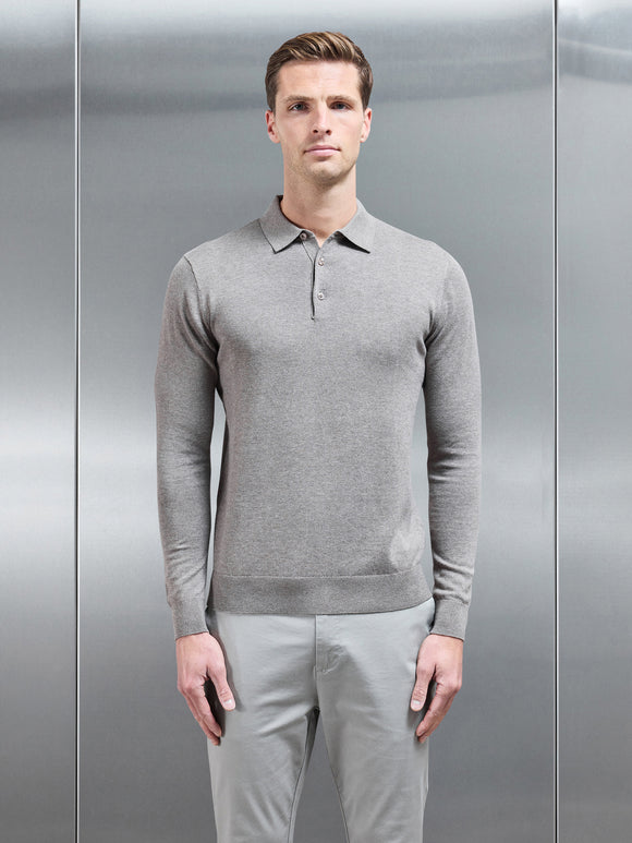 Cotton Knitted Long Sleeve Button Polo Shirt in Taupe Marl