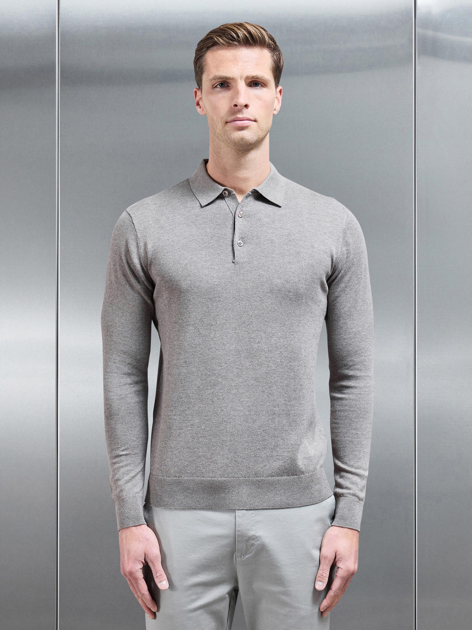 Cotton Knitted Long Sleeve Button Polo Shirt in Taupe Marl