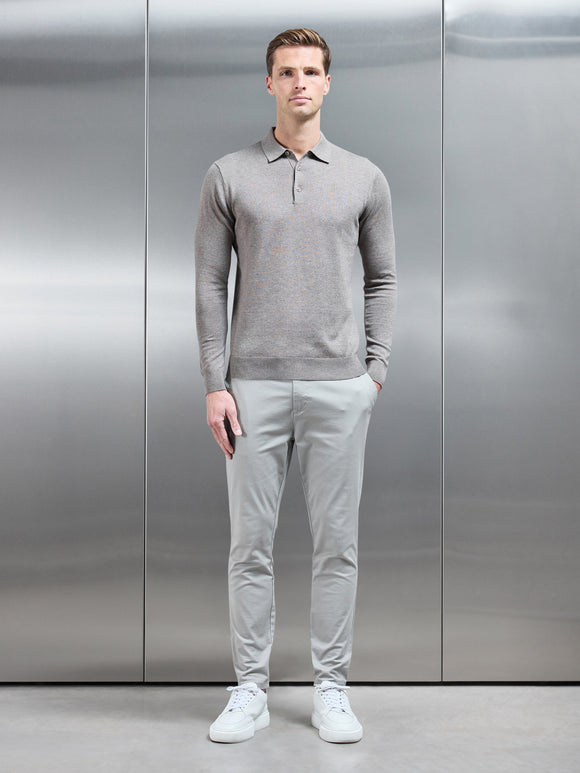 Cotton Knitted Long Sleeve Button Polo Shirt in Taupe Marl