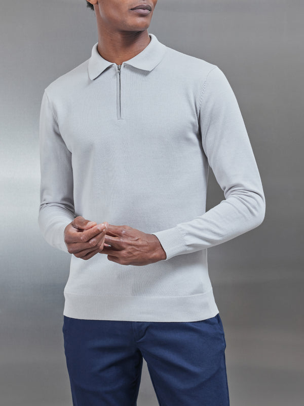 Cotton Knitted Long Sleeve Half Zip Polo Shirt in Mid Grey