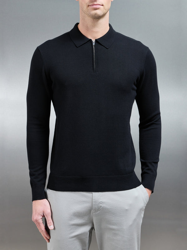 Cotton Knitted Long Sleeve Half Zip Polo Shirt in Black