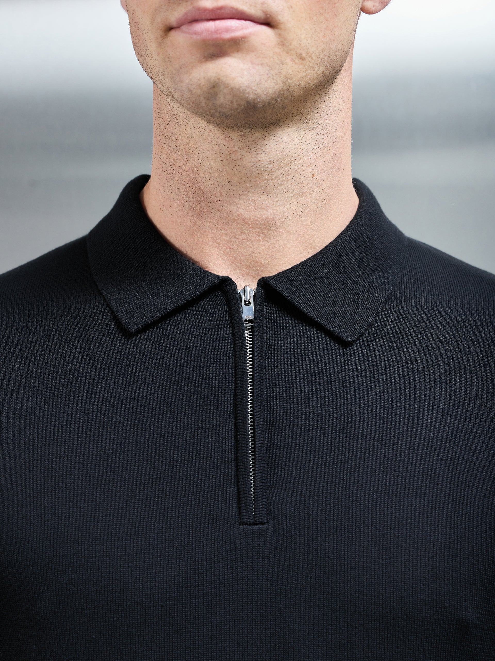 Cotton Knitted Long Sleeve Half Zip Polo Shirt in Black