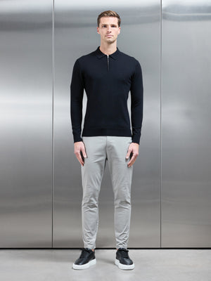 Cotton Knitted Long Sleeve Half Zip Polo Shirt in Black