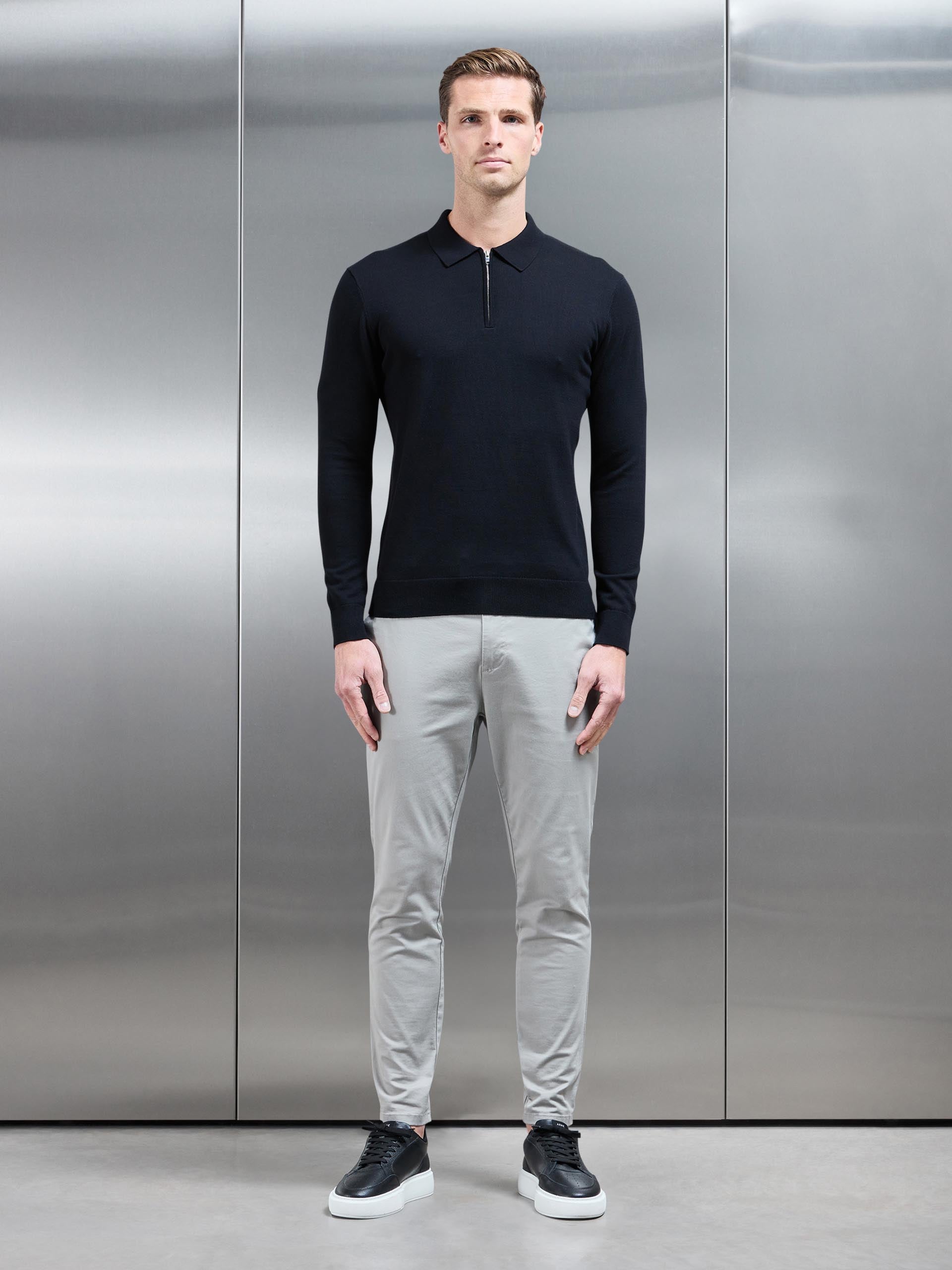 Cotton Knitted Long Sleeve Half Zip Polo Shirt in Black