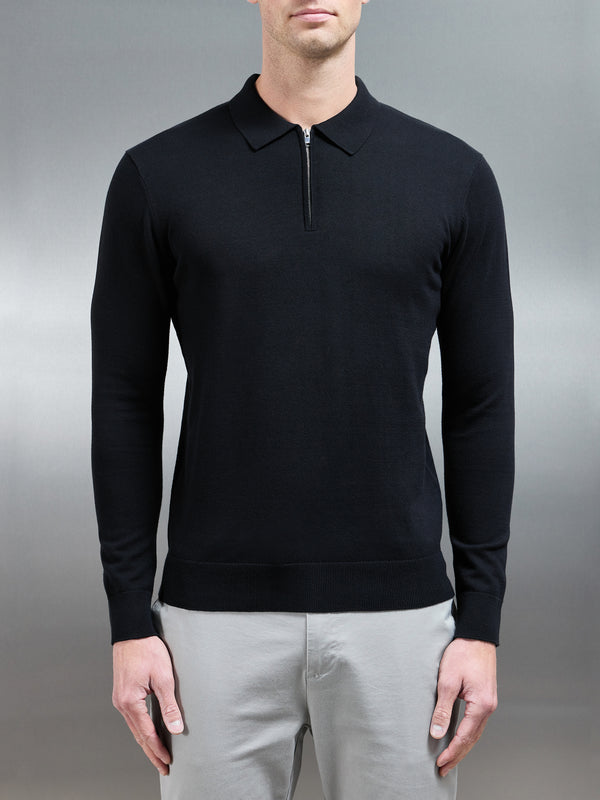 Cotton Knitted Long Sleeve Half Zip Polo Shirt in Black