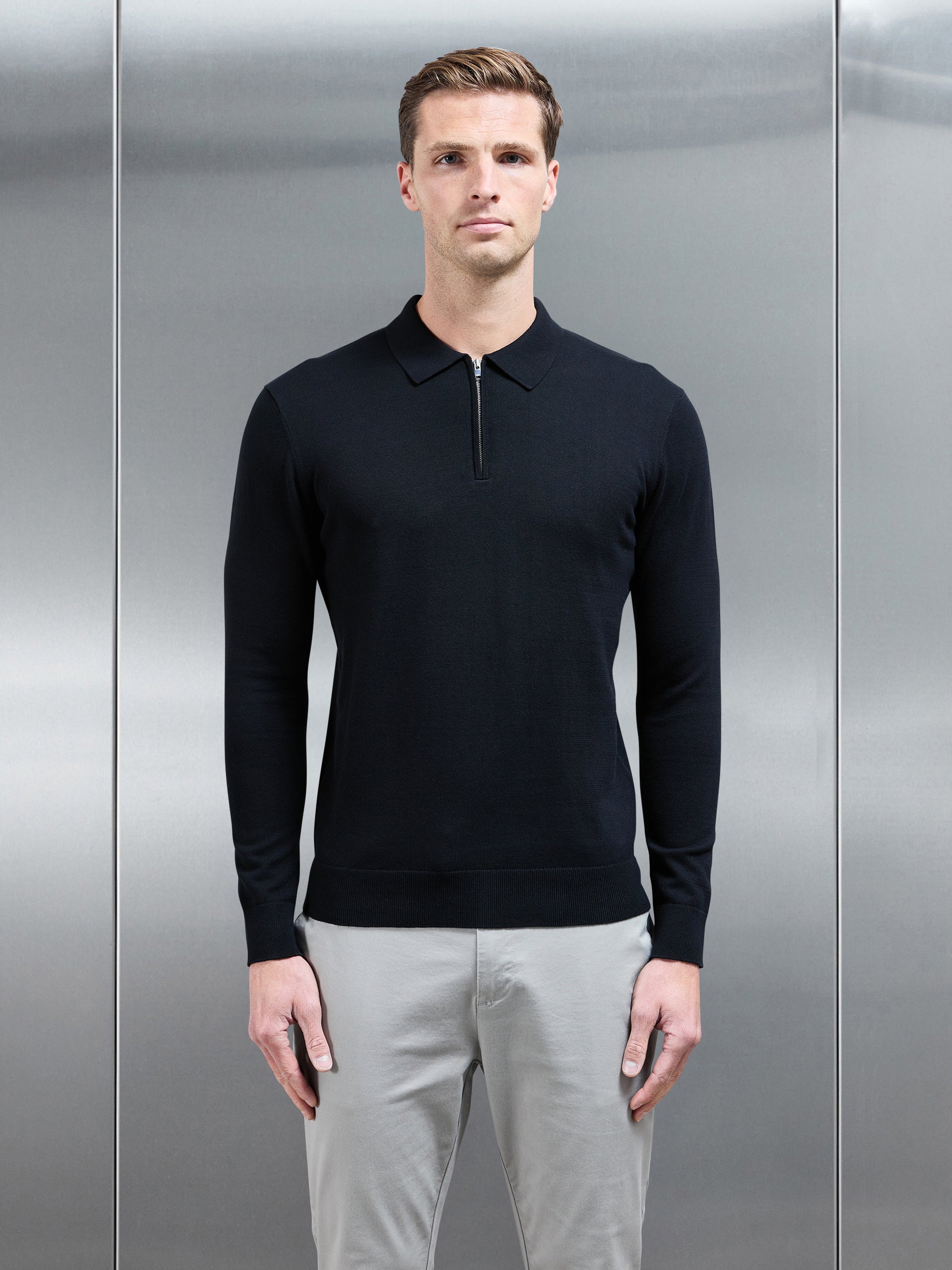 Cotton Knitted Long Sleeve Half Zip Polo Shirt in Black
