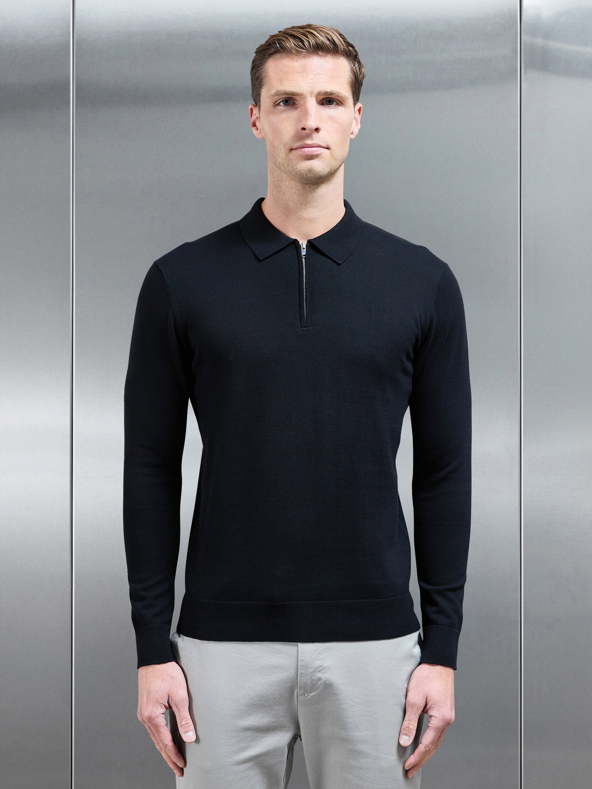 Cotton Knitted Long Sleeve Half Zip Polo Shirt in Black