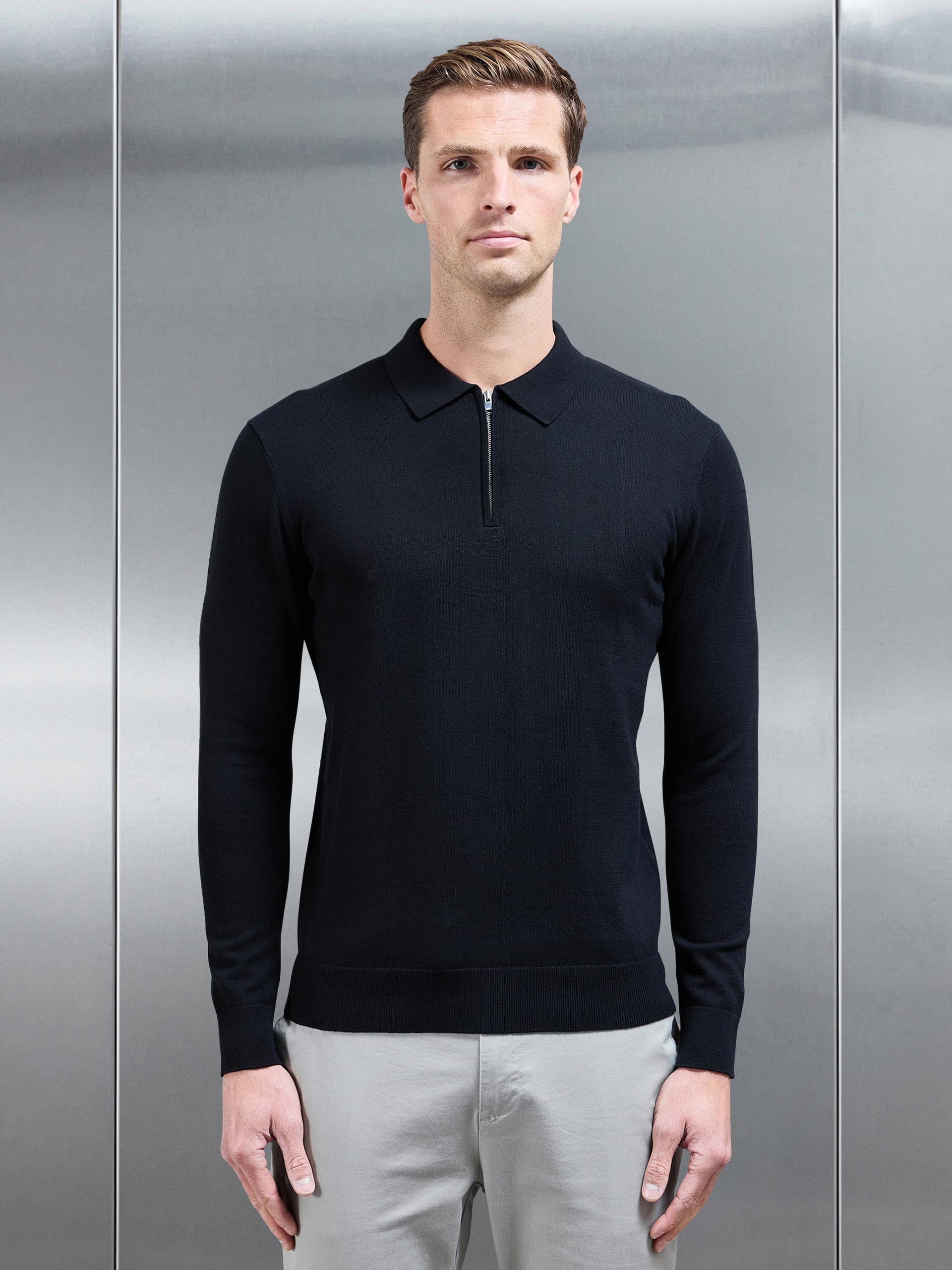 Cotton Knitted Long Sleeve Half Zip Polo Shirt in Black