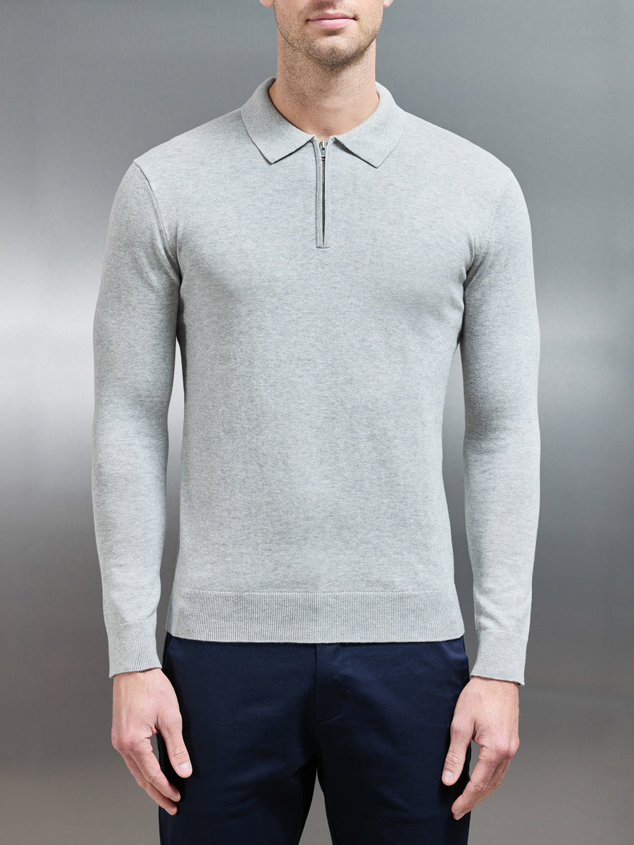 Cotton Knitted Long Sleeve Half Zip Polo Shirt in Marl Grey