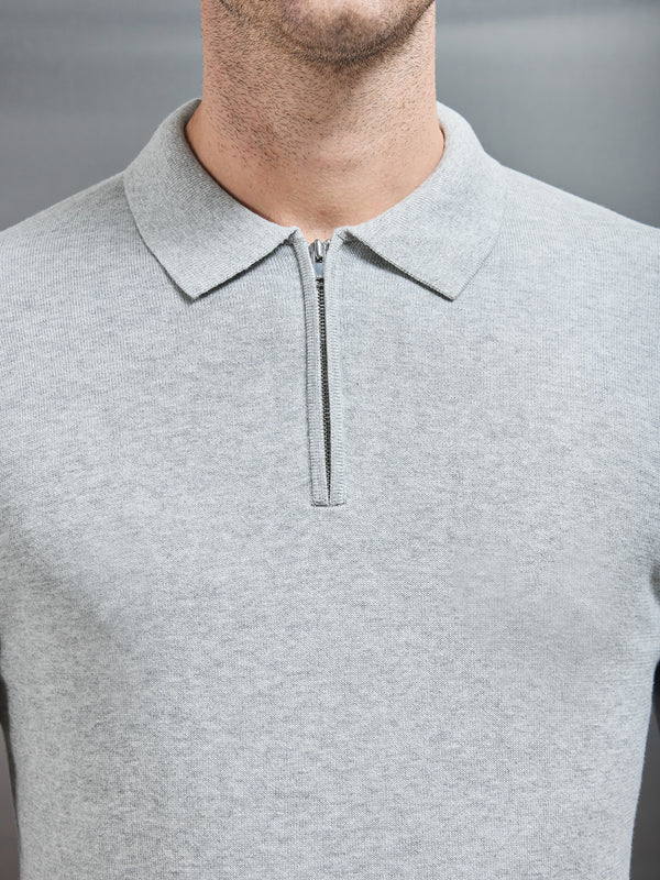 Cotton Knitted Long Sleeve Half Zip Polo Shirt in Marl Grey