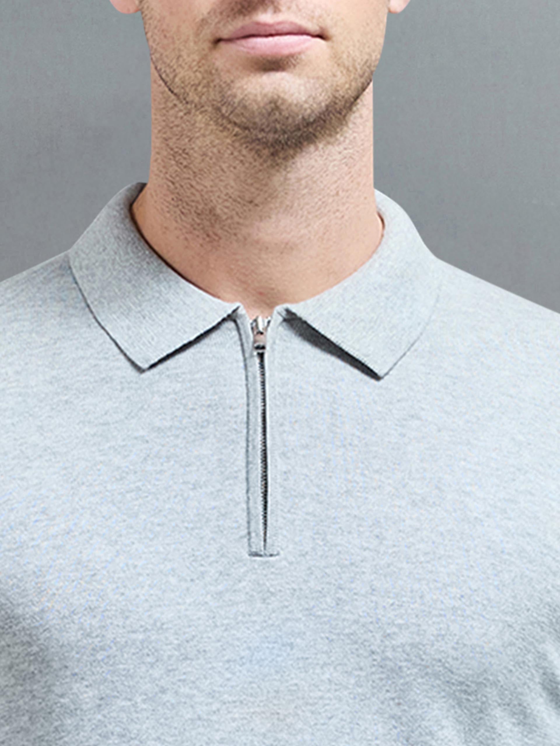 Cotton Knitted Long Sleeve Half Zip Polo Shirt in Marl Grey