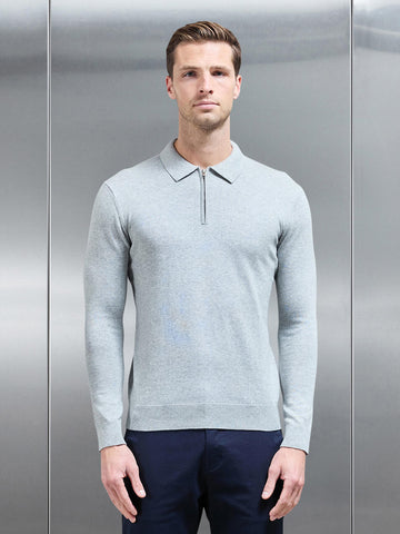 Cotton Knitted Long Sleeve Half Zip Polo Shirt in Marl Grey