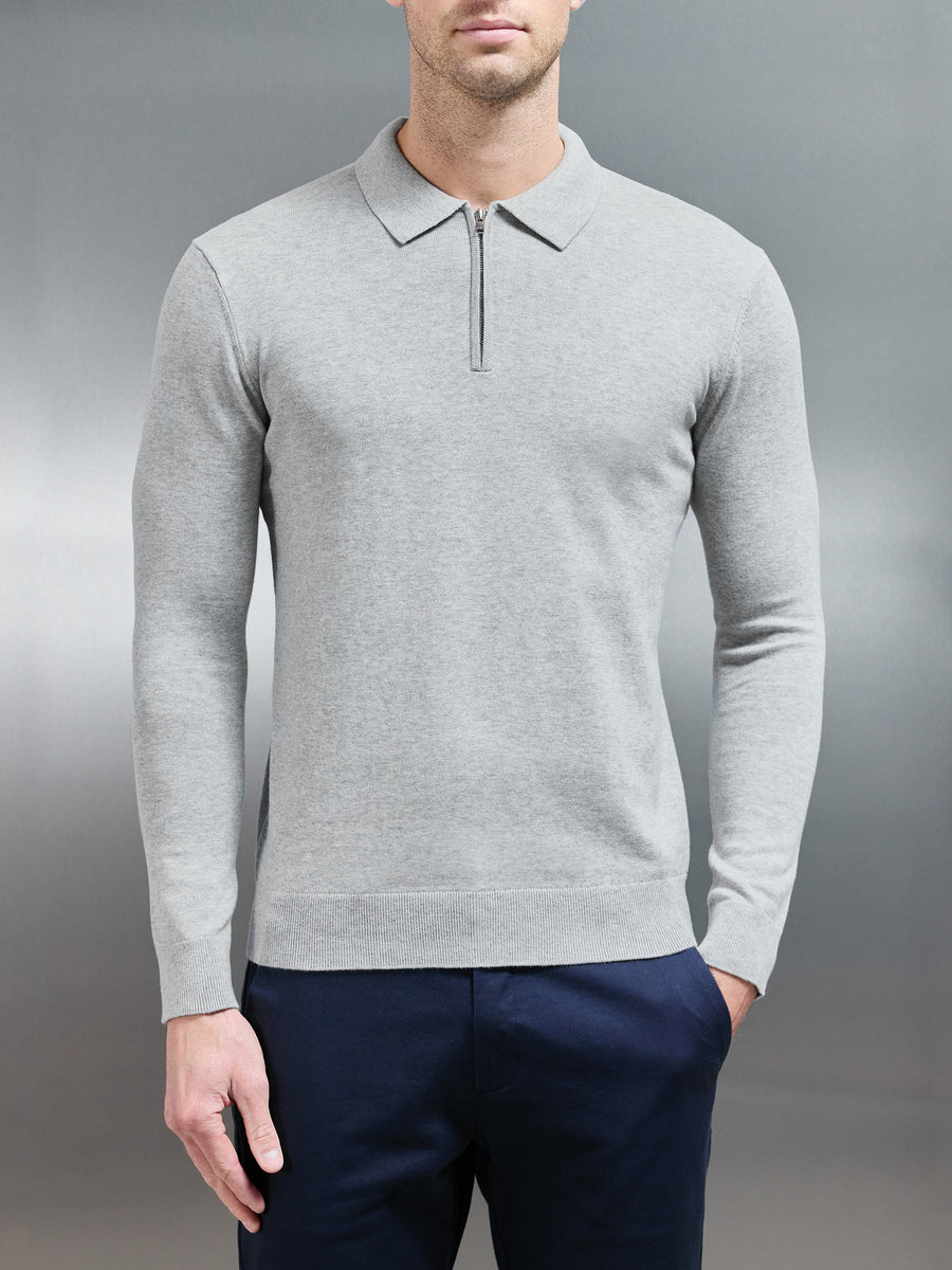 Cotton Knitted Long Sleeve Half Zip Polo Shirt in Marl Grey