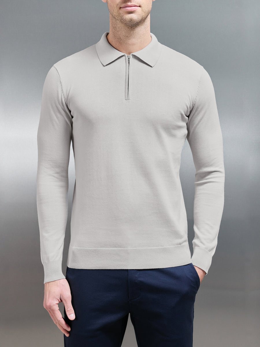 Cotton Knitted Long Sleeve Half Zip Polo Shirt in Oatmeal