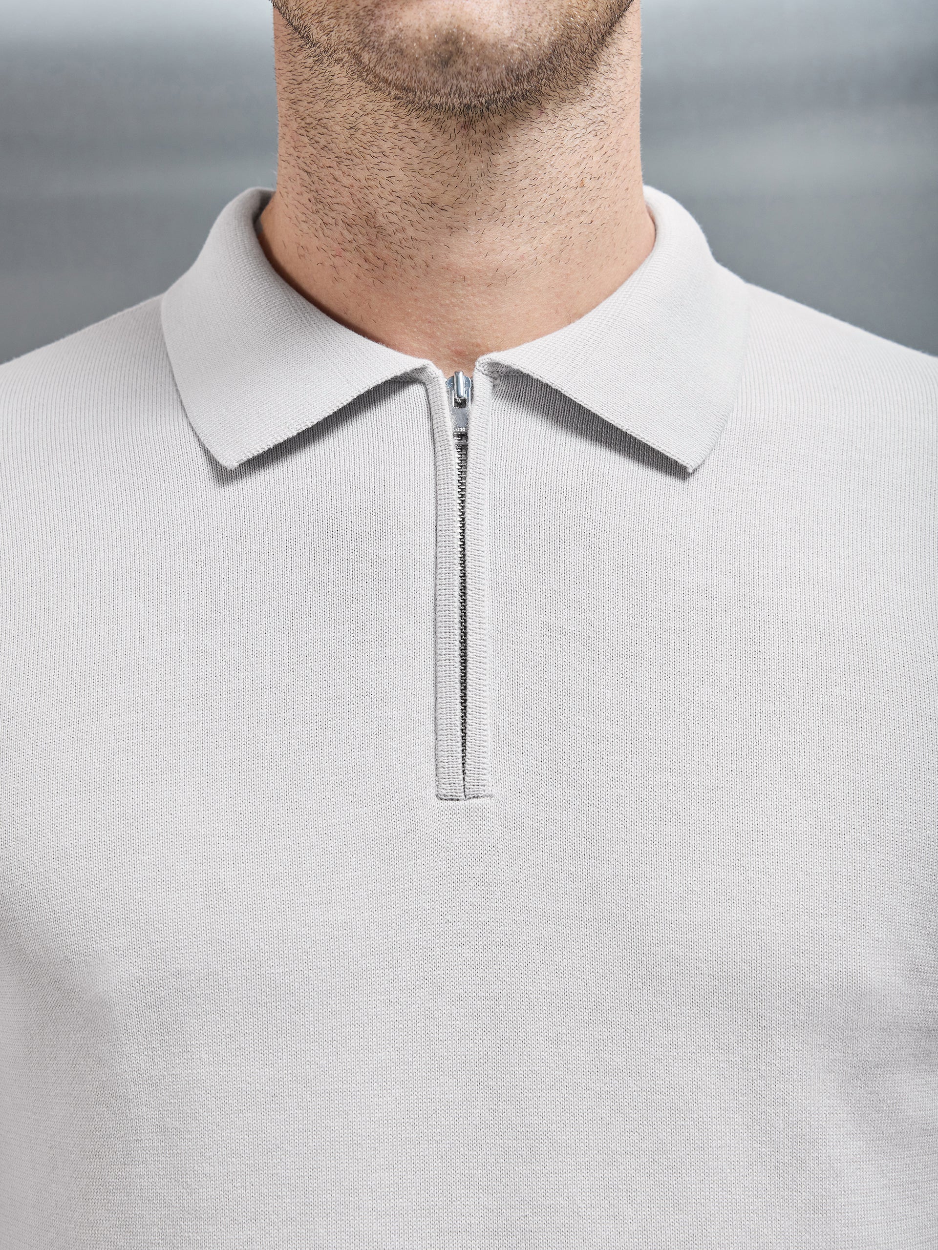 Cotton Knitted Long Sleeve Half Zip Polo Shirt in Mid Grey